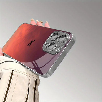 Sunset Colorful Cloud Airplane Print Glass Electroplated Phone Case For iPhone