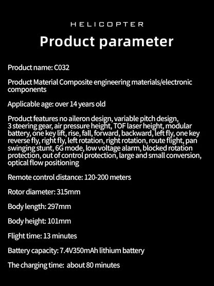 C032 RC Helicopter 2.4G 6-Aixs Gyroscope 6CH Altitude Hold Optical Flow Brushless Remote Control Helicopter Toys For Kid Adult