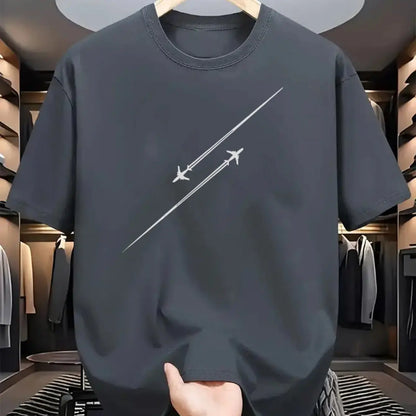 100% pure cotton airplane flight track printed fashionable and casual loose round neck short sleeved T-shirt top