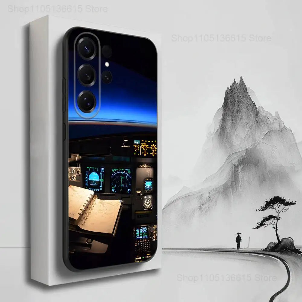Aviation Cockpit Pilot Phone Case For Samsung S25,S24,S23,S22,S21,S20,S10,S9,Ultra,Plus,Lite,FE,Soft Silicone Black Cover