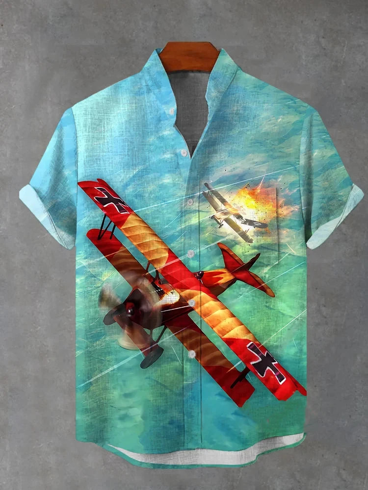 Men's stylish airplane print short sleeve shirt polyester fabric suitable for summer vacation
