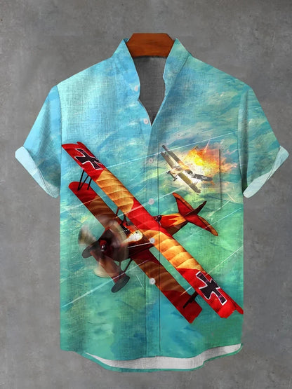 Men's stylish airplane print short sleeve shirt polyester fabric suitable for summer vacation