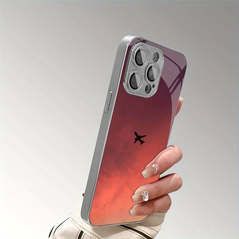 Sunset Colorful Cloud Airplane Print Glass Electroplated Phone Case For iPhone