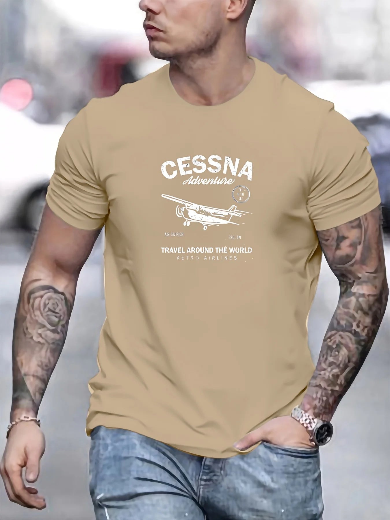 100 % cotton fashionable casual sports loose fit plus size airplane pattern printed round neck short sleeved T-shirt