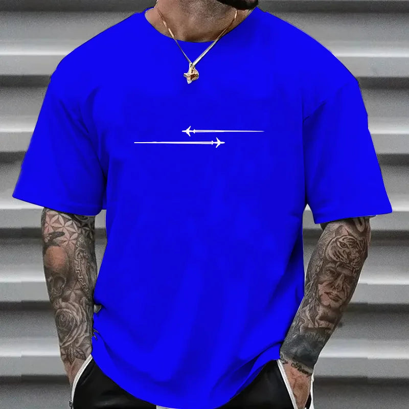 100% Cotton Casual Loose Large Creative Airplane Printed Comfortable Sports Round Neck Short Sleeve T-shirt