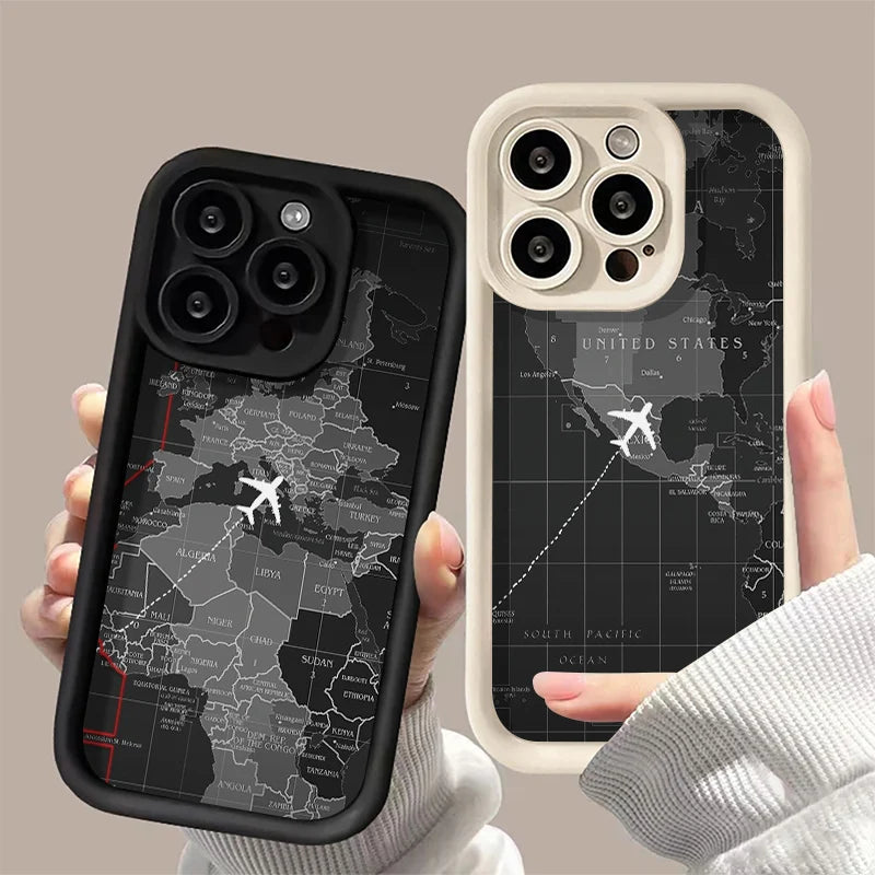 Soft Liquid Silicone Phone Case For iPhone 11 12 13 14 15 16 Pro Max XS X XR 7 8 15 16 Plus Travel-Inspired Airplane Route Cover