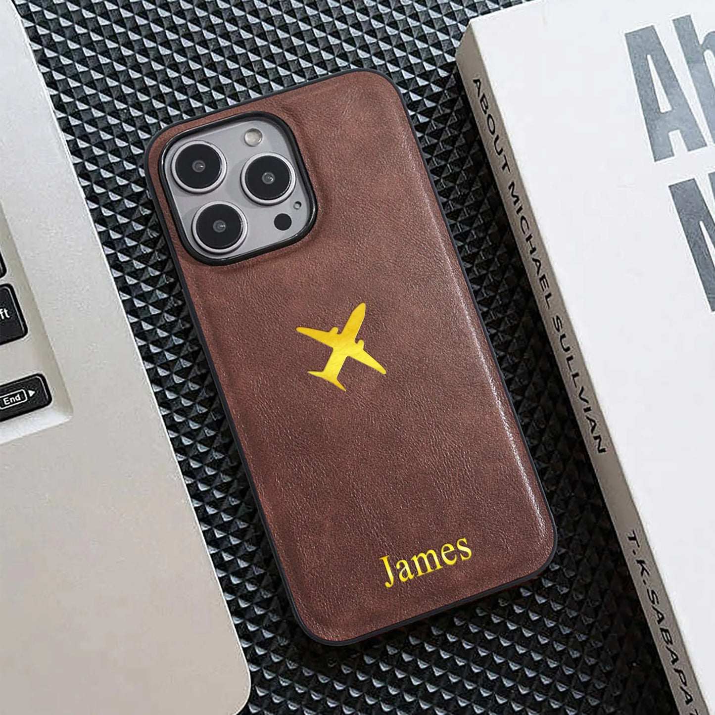 Personalize Custom Name Airplane Pattern Hot Foil Engraved Phone Case for iPhone 11 12 13 14 15 16 Pro Max Plus  Protect Cover