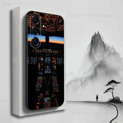 Aviation Cockpit Pilot Phone Case For Samsung S25,S24,S23,S22,S21,S20,S10,S9,Ultra,Plus,Lite,FE,Soft Silicone Black Cover