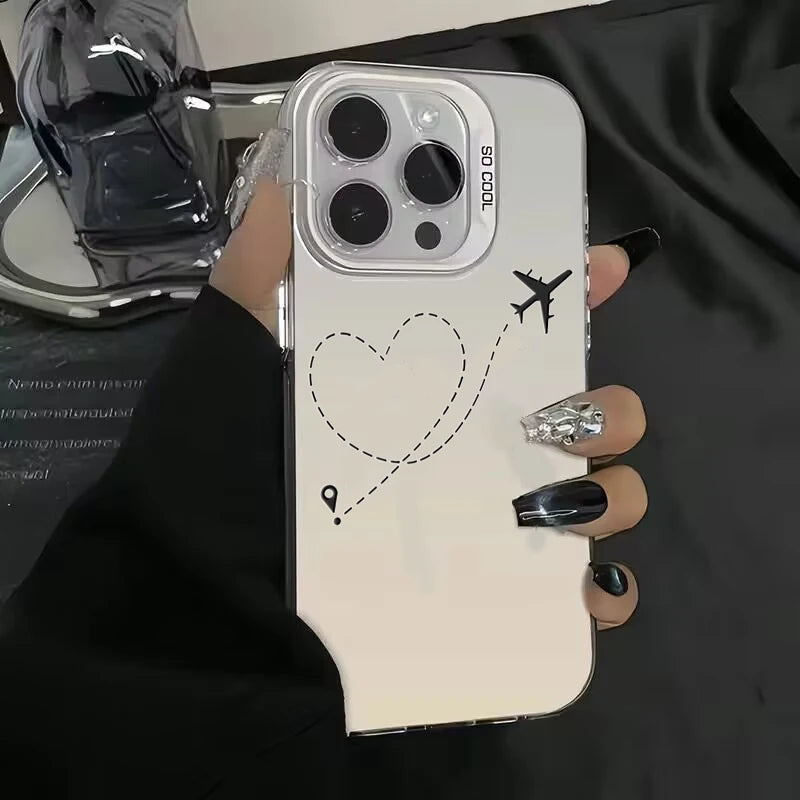 Silver Matte Line Heart Airplane Phone Case For iPhone 15 14 13 12 11 16 Pro Max 16E 7 8 Plus X XR XS MAX SE2 Hard Back Cover