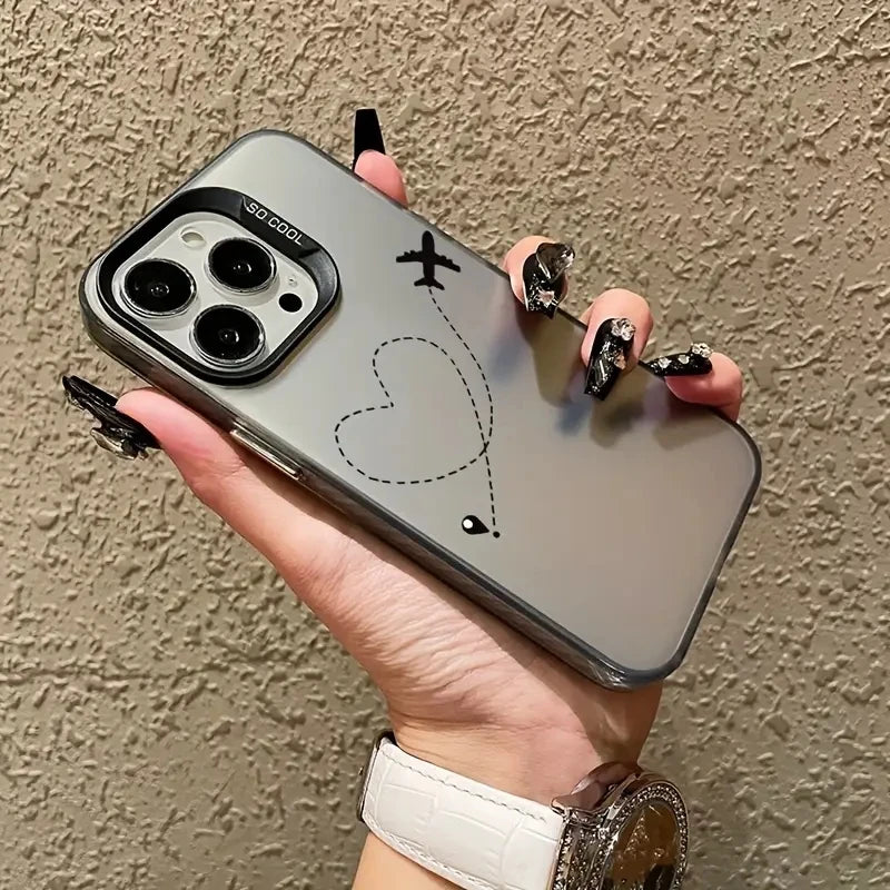 Silver Matte Line Heart Airplane Phone Case For iPhone 15 14 13 12 11 16 Pro Max 16E 7 8 Plus X XR XS MAX SE2 Hard Back Cover
