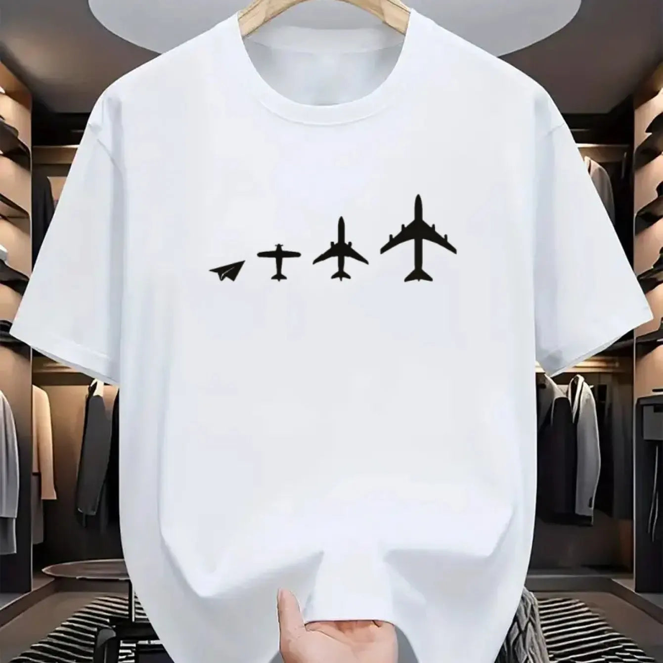 Men Cotton Crew Neck T-Shirt with Airplane Evolution Print Casual Sporty All-Season Short Sleeve