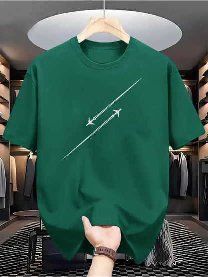 100% pure cotton airplane flight track printed fashionable and casual loose round neck short sleeved T-shirt top