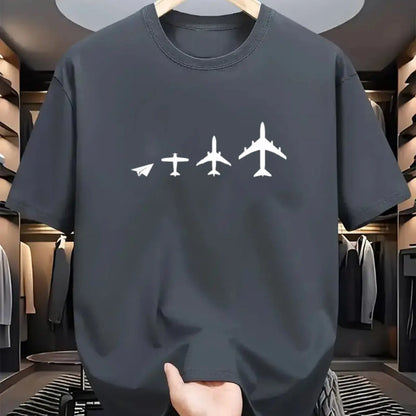 Men Cotton Crew Neck T-Shirt with Airplane Evolution Print Casual Sporty All-Season Short Sleeve