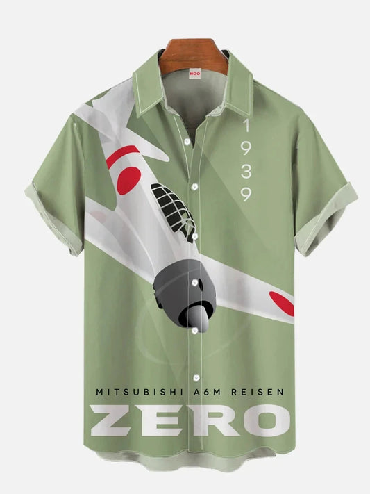 3D printed airplane model printed single-breasted shirt casual shirt lapel short-sleeved men