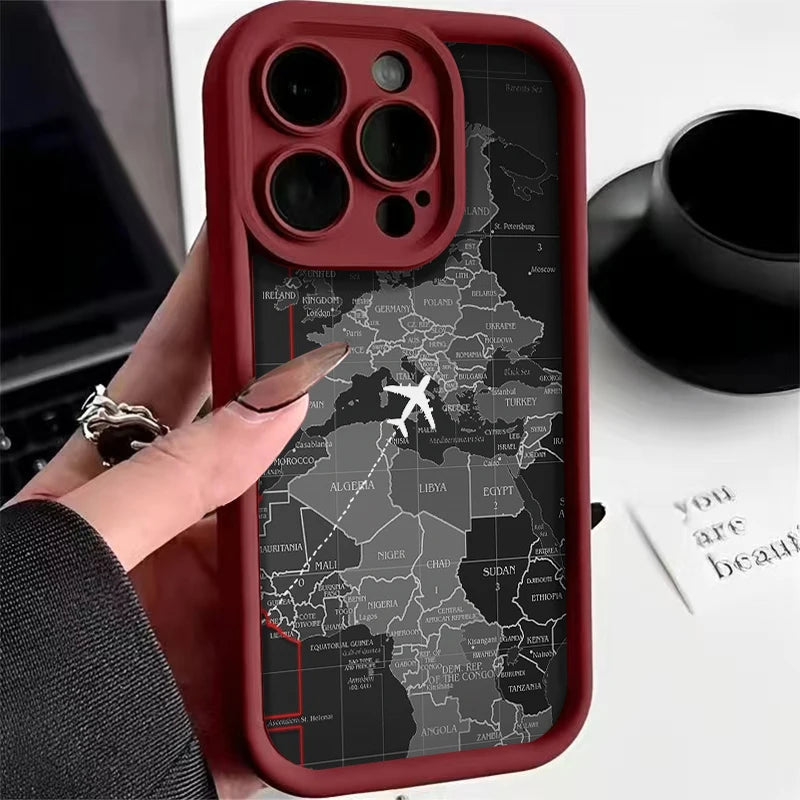 Soft Liquid Silicone Phone Case For iPhone 11 12 13 14 15 16 Pro Max XS X XR 7 8 15 16 Plus Travel-Inspired Airplane Route Cover