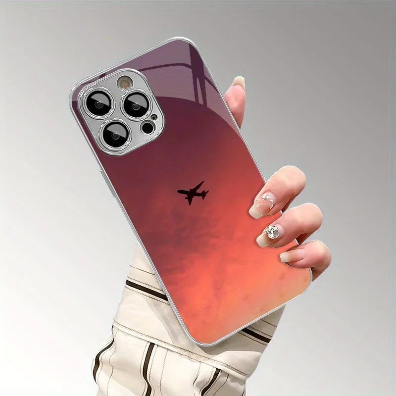 Sunset Colorful Cloud Airplane Print Glass Electroplated Phone Case For iPhone