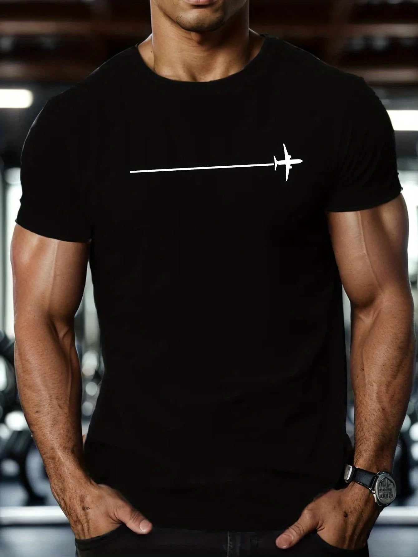 100 % pure cotton fashionable casual loose minimalist airplane pattern printed round neck short sleeved T-shirt