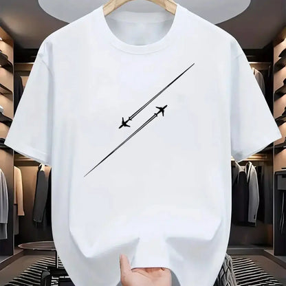 100% pure cotton airplane flight track printed fashionable and casual loose round neck short sleeved T-shirt top