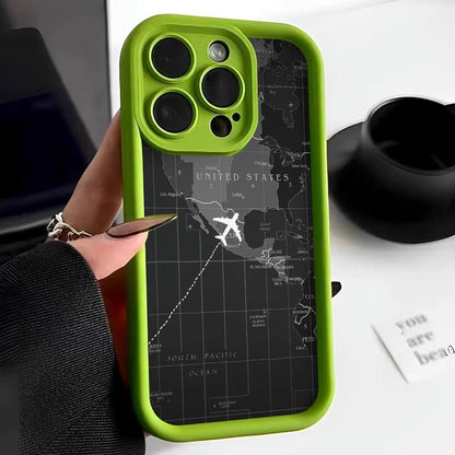 Soft Liquid Silicone Phone Case For iPhone 11 12 13 14 15 16 Pro Max XS X XR 7 8 15 16 Plus Travel-Inspired Airplane Route Cover