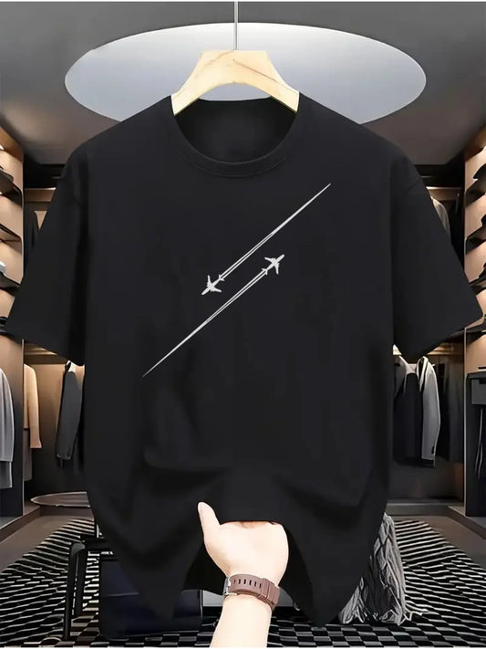 100% pure cotton airplane flight track printed fashionable and casual loose round neck short sleeved T-shirt top