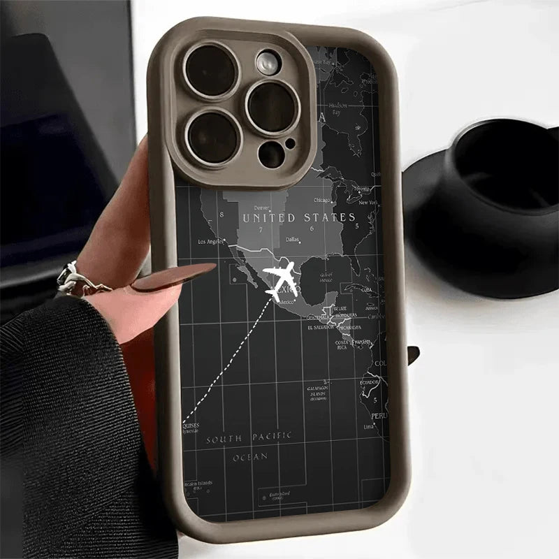 Soft Liquid Silicone Phone Case For iPhone 11 12 13 14 15 16 Pro Max XS X XR 7 8 15 16 Plus Travel-Inspired Airplane Route Cover