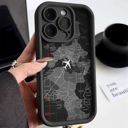 Soft Liquid Silicone Phone Case For iPhone 11 12 13 14 15 16 Pro Max XS X XR 7 8 15 16 Plus Travel-Inspired Airplane Route Cover
