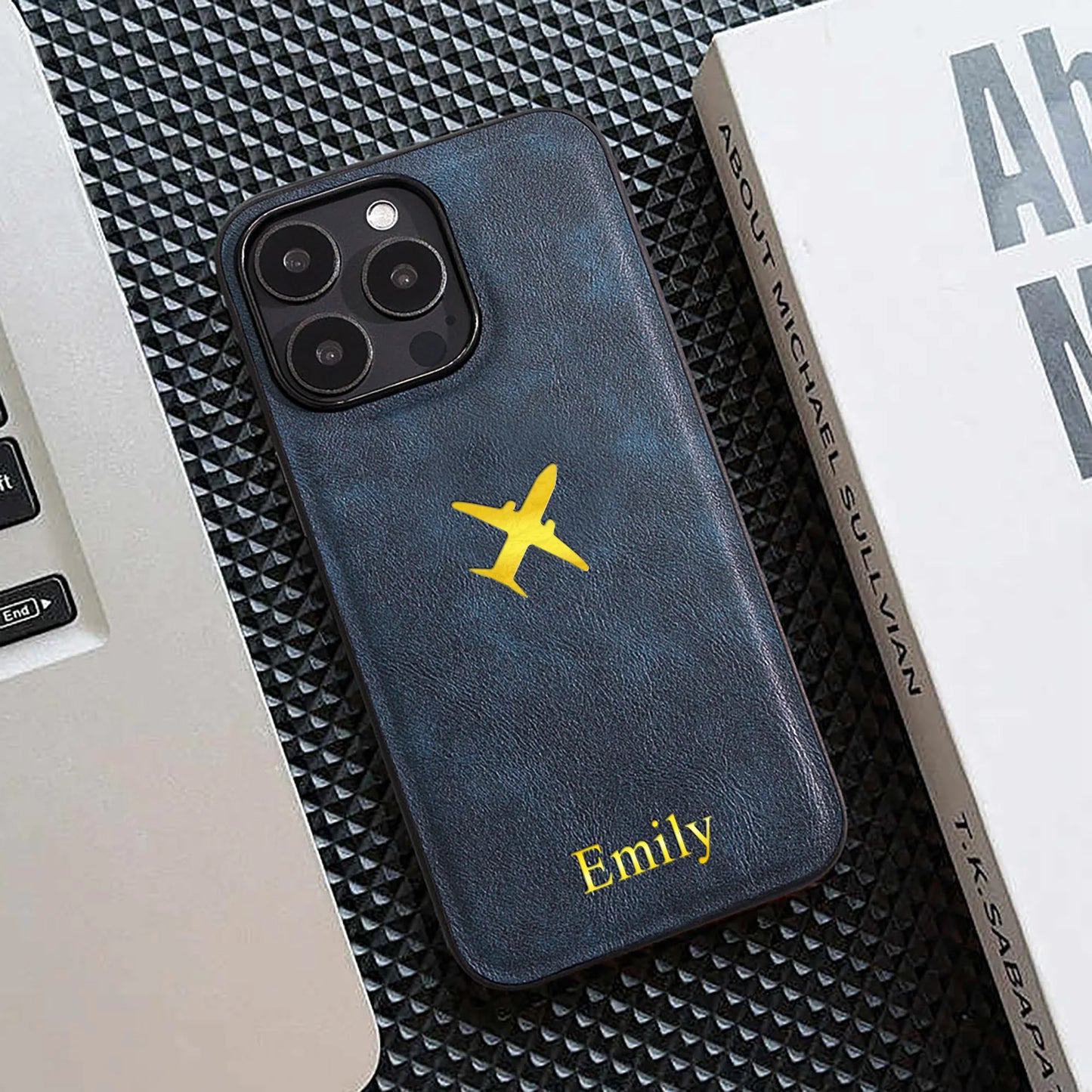 Personalize Custom Name Airplane Pattern Hot Foil Engraved Phone Case for iPhone 11 12 13 14 15 16 Pro Max Plus  Protect Cover