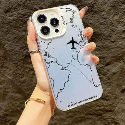 Travel-Inspired Airplane Route Design Case for iPhone 15 14 13 12 11 Pro Max XS X XR 7 8 15 Plus SE 2022 Shockproof Bumper Cover