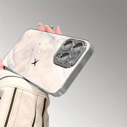 Travel Plane Love Heart Tempered Glass Electroplated Phone Case For iPhone 17 16 15 Pro Max 14 Plus 13 12 11 16E 17 Air Cover