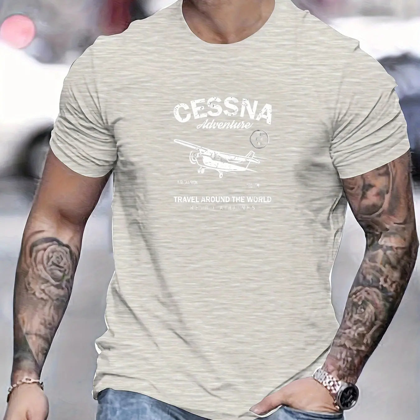 100 % cotton fashionable casual sports loose fit plus size airplane pattern printed round neck short sleeved T-shirt