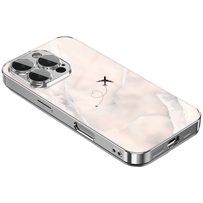Travel Plane Love Heart Tempered Glass Electroplated Phone Case For iPhone 17 16 15 Pro Max 14 Plus 13 12 11 16E 17 Air Cover