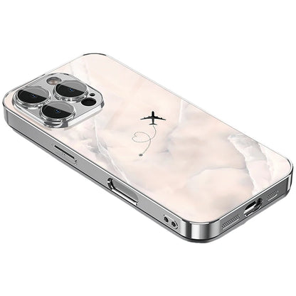 Travel Plane Love Heart Tempered Glass Electroplated Phone Case For iPhone 17 16 15 Pro Max 14 Plus 13 12 11 16E 17 Air Cover