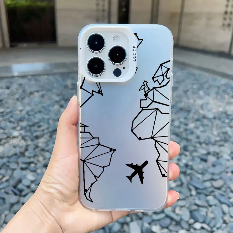 World Map Travel Airplane Phone Case For iphone 16 15 13 14 Pro Max Plus 11 12 Pro Max 13 Mini Back Shockproof Laser Covers