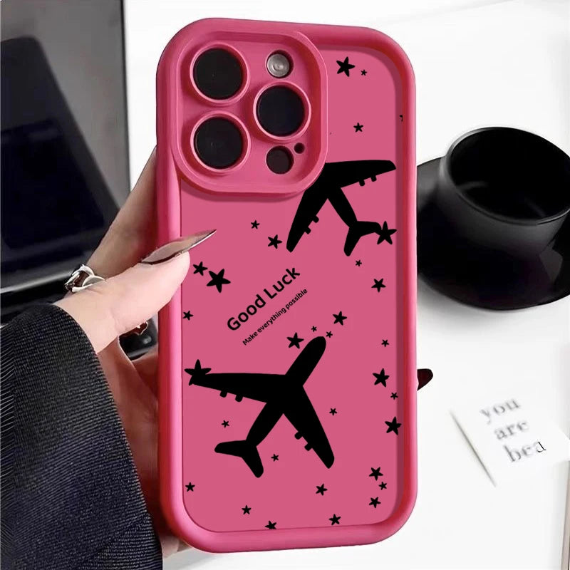 Shockproof Luxury Airplane Pattern Silicone Case For iPhone 16 15 14 Pro Max 11 12 13 Pro 16E XR 15 16 Plus Soft TPU Phone Cover