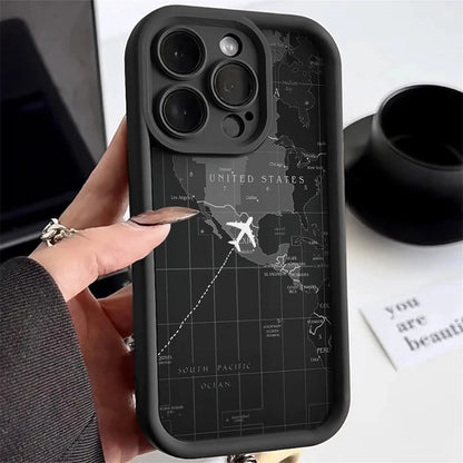 Soft Liquid Silicone Phone Case For iPhone 11 12 13 14 15 16 Pro Max XS X XR 7 8 15 16 Plus Travel-Inspired Airplane Route Cover