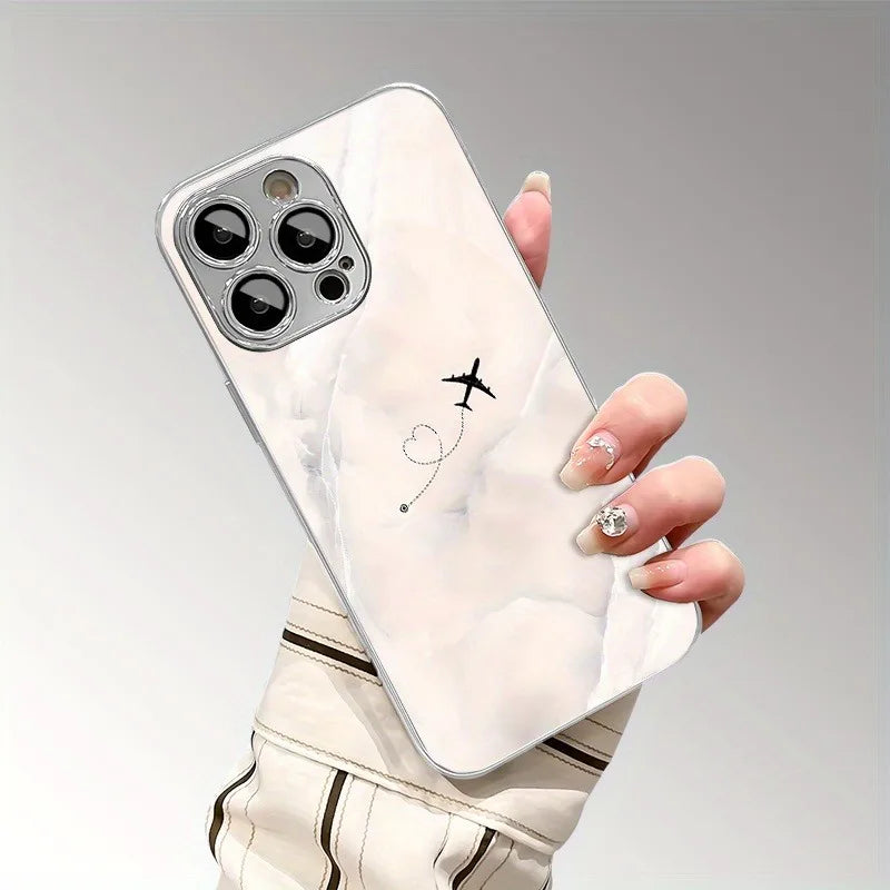 Travel Plane Love Heart Tempered Glass Electroplated Phone Case For iPhone 17 16 15 Pro Max 14 Plus 13 12 11 16E 17 Air Cover