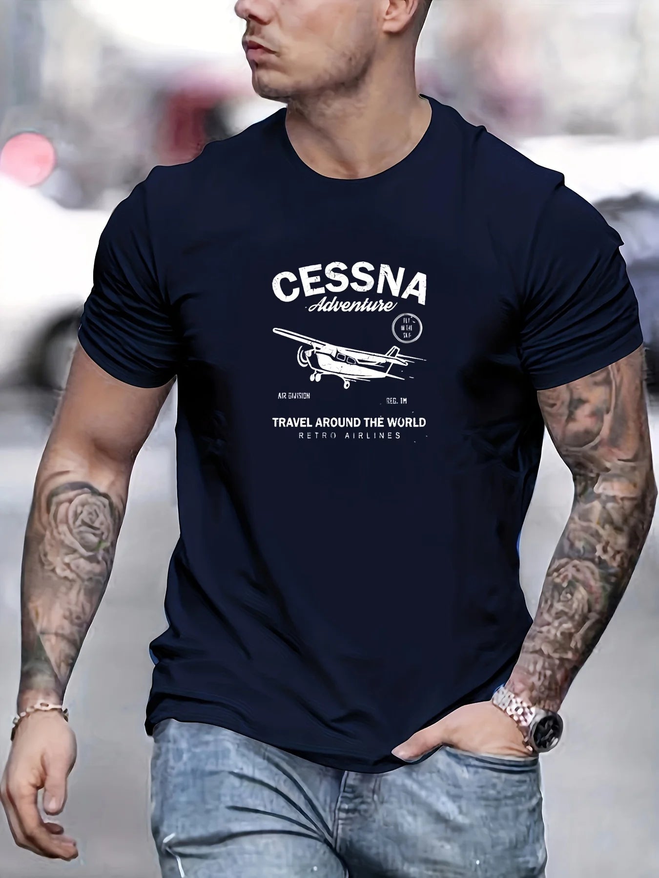 100 % cotton fashionable casual sports loose fit plus size airplane pattern printed round neck short sleeved T-shirt