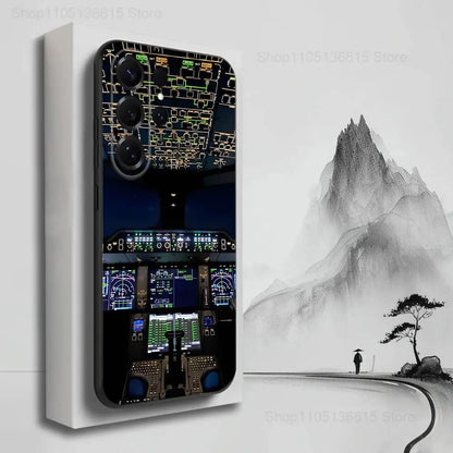 Aviation Cockpit Pilot Phone Case For Samsung S25,S24,S23,S22,S21,S20,S10,S9,Ultra,Plus,Lite,FE,Soft Silicone Black Cover