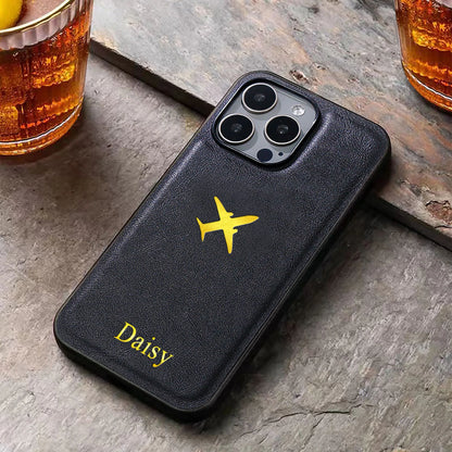 Personalize Custom Name Airplane Pattern Hot Foil Engraved Phone Case for iPhone 11 12 13 14 15 16 Pro Max Plus  Protect Cover