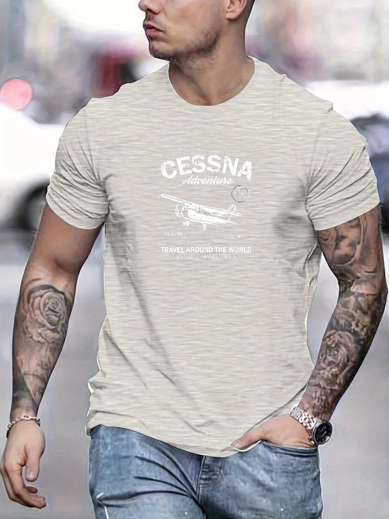 100 % cotton fashionable casual sports loose fit plus size airplane pattern printed round neck short sleeved T-shirt