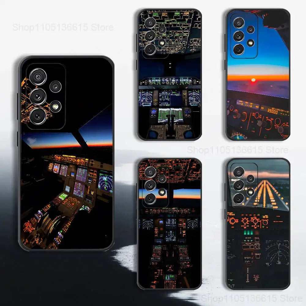 Aviation Cockpit Pilot Phone Case For Samsung S25,S24,S23,S22,S21,S20,S10,S9,Ultra,Plus,Lite,FE,Soft Silicone Black Cover