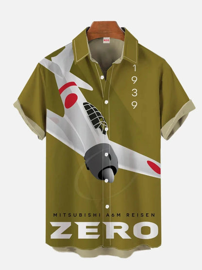 3D printed airplane model printed single-breasted shirt casual shirt lapel short-sleeved men