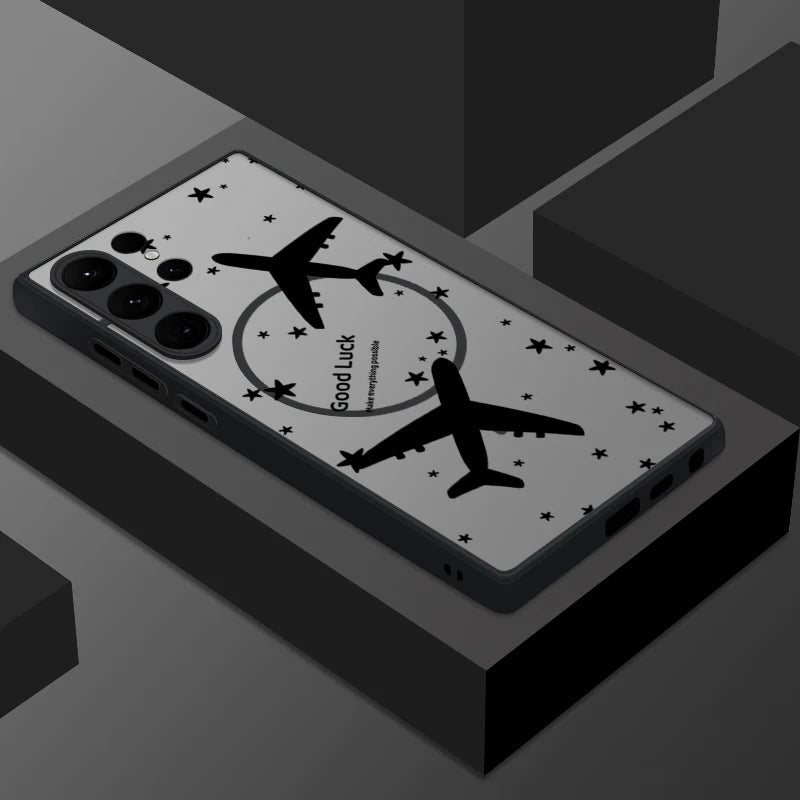 Creative Airplane Print Magnetic For Magsafe Case For Samsung Galaxy S25 Edge S23 S24 Ultra S21 S20 FE S22 Plus Capa Matte Cover