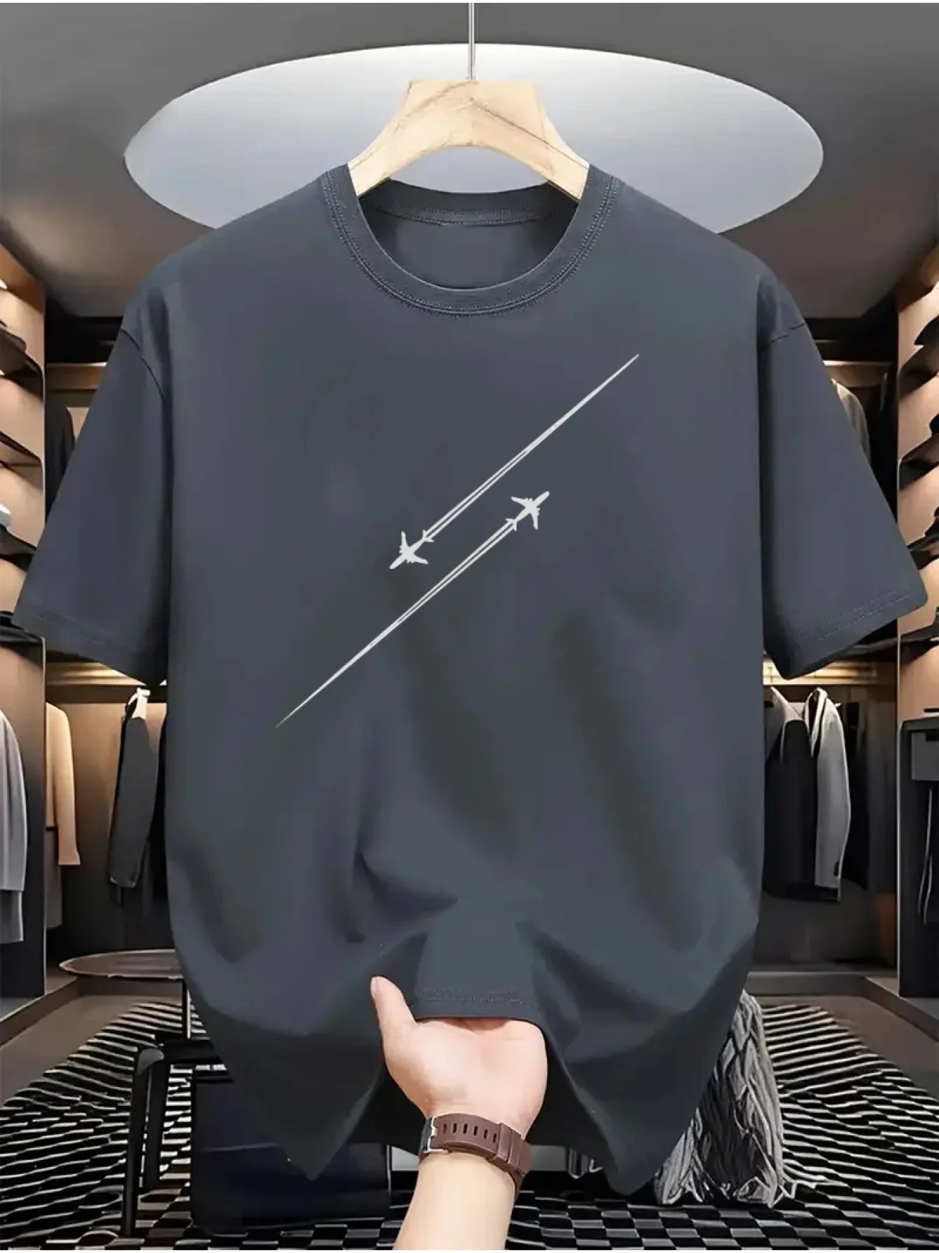 100% pure cotton airplane flight track printed fashionable and casual loose round neck short sleeved T-shirt top