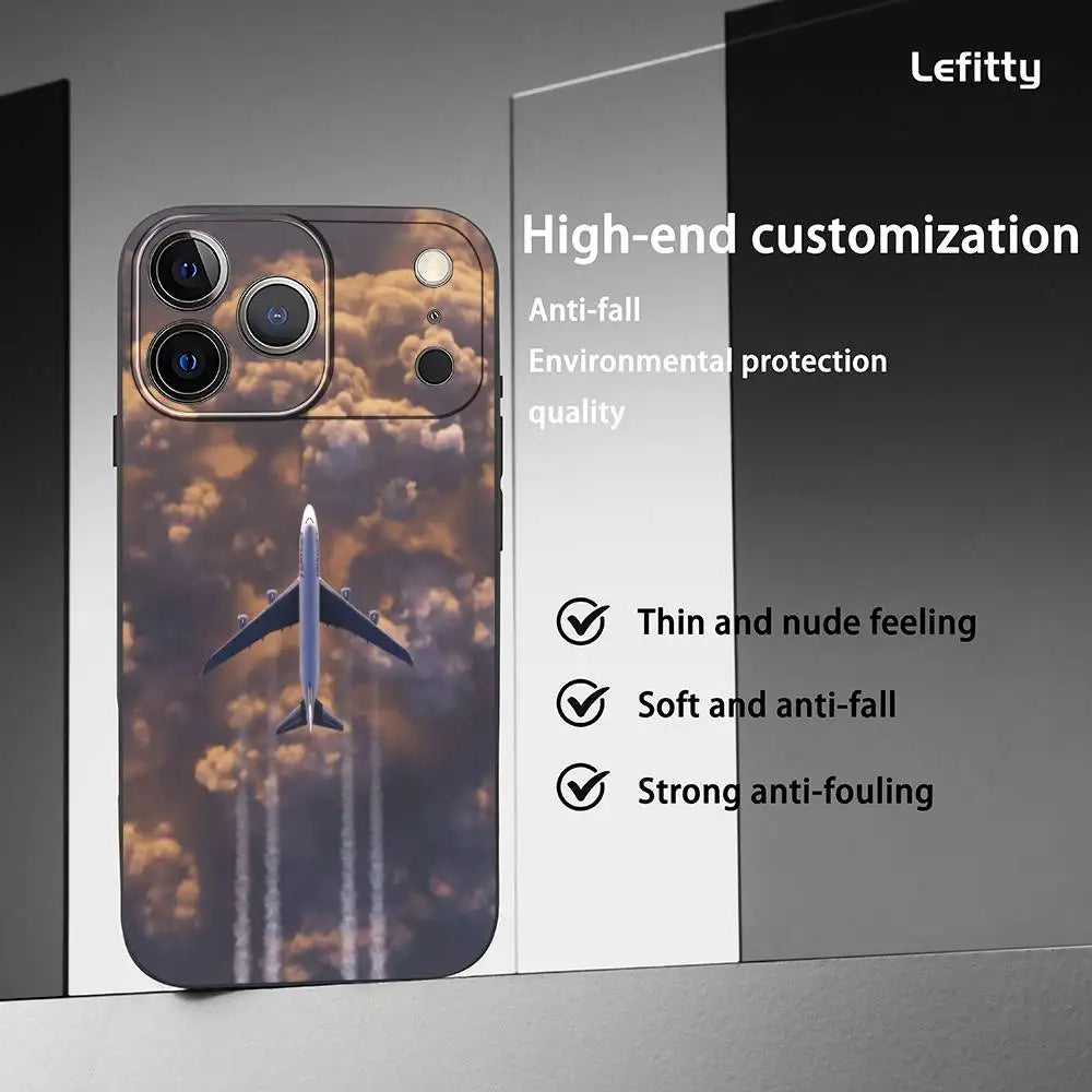 Airplane Plane Fly Travel Cloud Phone Case For IPhone 17 16 15 14 13 12 11 Pro Max Plus Mini Black Frosted Soft Shell Funda