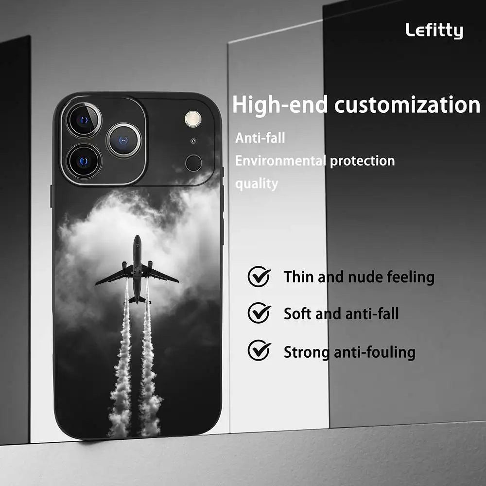 Airplane Plane Fly Travel Cloud Phone Case For IPhone 17 16 15 14 13 12 11 Pro Max Plus Mini Black Frosted Soft Shell Funda