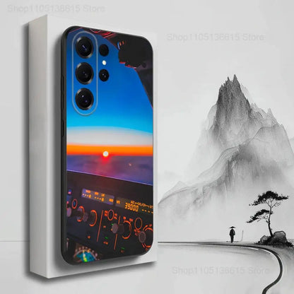 Aviation Cockpit Pilot Phone Case For Samsung S25,S24,S23,S22,S21,S20,S10,S9,Ultra,Plus,Lite,FE,Soft Silicone Black Cover