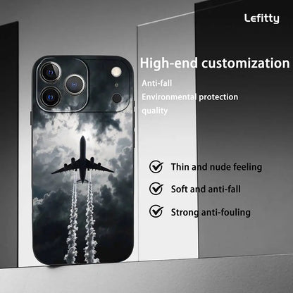 Airplane Plane Fly Travel Cloud Phone Case For IPhone 17 16 15 14 13 12 11 Pro Max Plus Mini Black Frosted Soft Shell Funda