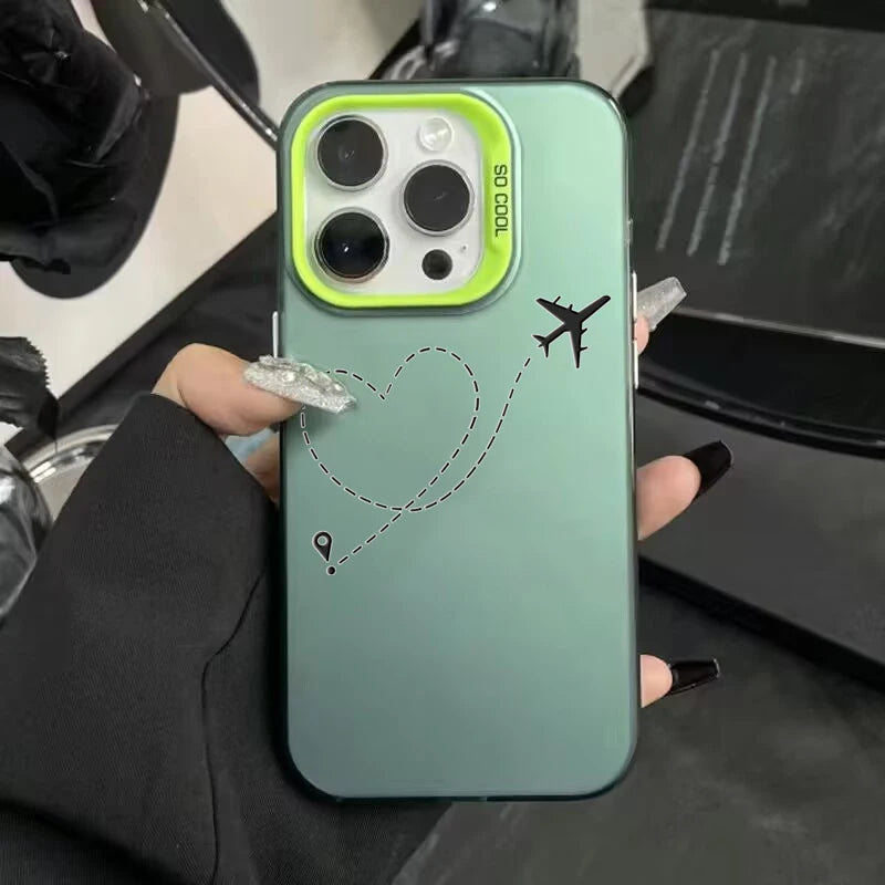 Silver Matte Line Heart Airplane Phone Case For iPhone 15 14 13 12 11 16 Pro Max 16E 7 8 Plus X XR XS MAX SE2 Hard Back Cover