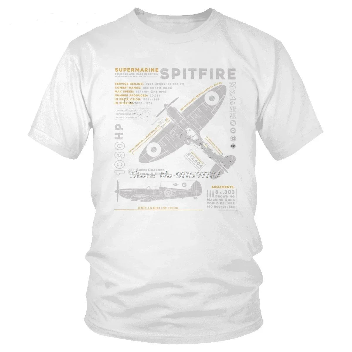 Vintage Supermarine Spitfire T Shirt Men Cotton Tee Short Sleeve Plane War Pilot Aircraft Airplane T-Shirt Gift